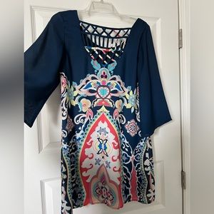 Navy and multicolor dress that is lined